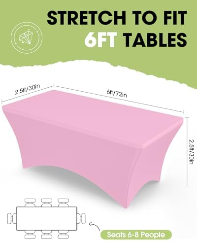 Pureegg Spandex Tablecloth 6ft - 6 Pack, Fitted and Stretch Table Cover for Rectangle Tables, Wrinkle-Resistant and Secure Fabric for Outdoor, Picnic, Party, Wedding, Banquet and Birthday, Pink - Image 2