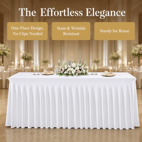 5 Pack White Stretch Spandex Tablecloths, 6ft Fitted Rectangle Table Cover with Skirt, Wrinkle Free Polyester Table Cloth for Wedding, Party, Banquet, Baby Shower, Christmas - Image 6