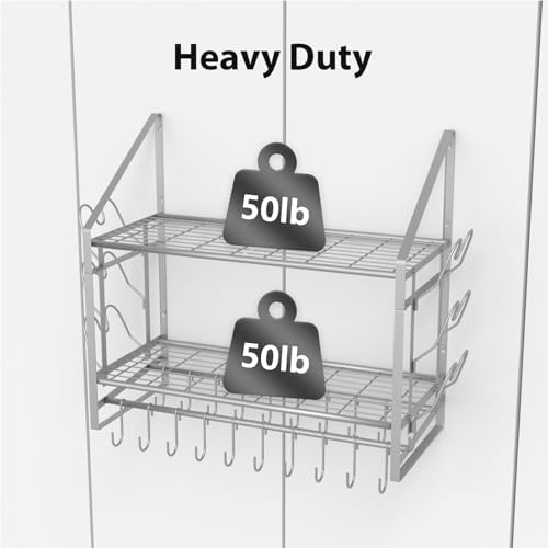 VyGrow 28 Inch Pot Rack Wall Mounted, 2 Tier Pots and Pans Organizer with 20 Hooks and 6 Pot Lid Holders, Heavy Duty Steel Pot and Pan Hanger for Kitchen Cookware Utensils Storage, Silver - Image 4