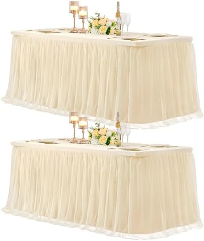2 Pack 8ft Champagne Tulle Tablecloths for Rectangle Tables, 8 Foot Champagne Rectangular Table Cloth, Wrinkle Free Table Cover with Tutu Skirt for Wedding Birthday Party Banquet Buffet Bridal Shower by Suppromo