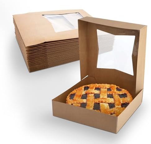 MT Products Kraft Pie Boxes 10" x 10" x 2.5" - Auto Pop-Up Bakery Cake Boxes with Window (Pack of 15) - Made in the USA by MTProducts