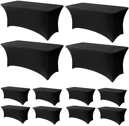 6FT Black Table Cloth - 12 Pack Fitted Stretch Rectangle Spandex Tablecloth, Washable Table Cover for Party, Picnic, Wedding, Banquet, Birthday and Festival(30" x 72") by Lemict