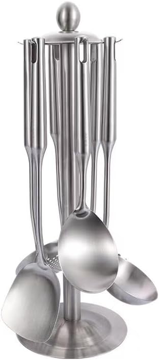 Premium 7-Piece Gold Kitchen Utensil Set with Stand, Stainless Steel Cooking Tools- Dishwasher Safe Ladle, Spoon, Spatula, Pasta Fork, Luxury Brass Kitchen Accessories for Home Chefs (silvery) by Unknown