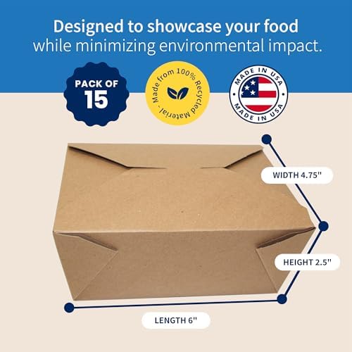 FC Meyer MeyerPak #8 Take Out Cartons, Leak & Grease Resistant Take Out Boxes, Disposable To Go Food Containers, Made from Recycled Materials, 6″ x 4 3⁄4” x 2 1⁄2“, Kraft, Pack of 15 - Image 2