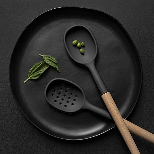 Country Kitchen Non Stick Silicone Utensil Set with Rounded Wood Handles for Cooking and Baking, 6 Piece Set, Black | Rounded Wood Handles, For Cooking and Baking - Image 7