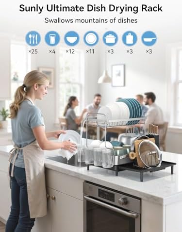 SUNLY 2 Tier Dish Drying Rack, Extra Large Dish Rack, Expandable Dish Racks for Kitchen Counter, Multifunctional Large Dish Drainers for Kitchen Counter, Black - Image 2