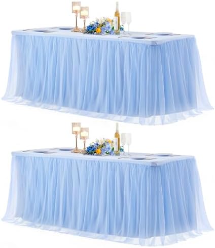 2 Pack 6ft Baby Blue Tulle Tablecloths for Rectangle Tables 72 x 30 Inch Rectangular Table Cloth Wrinkle Free Table Cover with Tutu Skirt for Baby Shower Birthday Party Banquet Buffet Cake Decorations by Suppromo