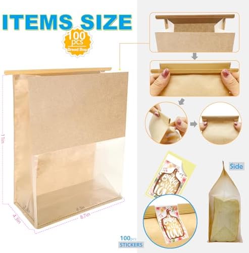 BIUBIU 100ct 8.7×4.3×11inch Thicker Large Bread Bags for Homemade with Window, Twist Tie & Sticker Label - Ideal for Sourdough Bread, Loaf, Bakery, Pastry & Baked Goods, Brown Paper & Flat Bottom - Image 3
