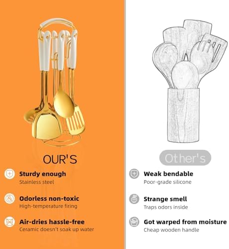 Stainless Steel Gold Kitchen Utensils Set with Holder & Spoon Rest, Durable Kitchen Accessories Includes 6 Cooking Utensils, 1 Hanging Rack,1 Ladle Holder, Easy to Clean, Modern Countertop Décor - Image 3