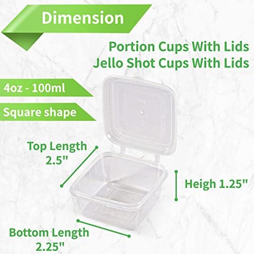 100ml & 2oz Containers with Lids (200 Pack), Small Plastic Condiment Containers with Lids, Jello Shot Cups, Portion Sauce Cups (Square) - Image 3