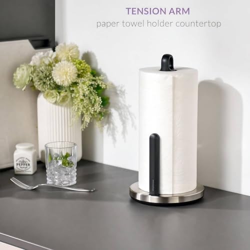 3.3LB Weighted ONE Hand Tear Paper Towel Holder Countertop (Brushed Silver) - Image 2