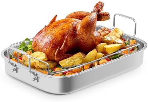 Sunvivi 15.6'' Roasting Pan with V-Shaped Rack, Rectangular Lasagna Pan with Handle, Non-Stick Stainless Steal Roaster for Turkey, Chicken, Vegetable, Lasagna, Heavy Duty & Dishwasher Safe - Image 2