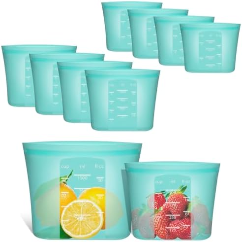 Reusable Sandwich & Snack Bags, 8 Pack 100% Silicone Food Storage Bags Stand Up Zip Lock for Food Container, Freezer Microwave Oven Dishwasher Safe, 4 Small 4 Extra Small, Aqua by Annaklin