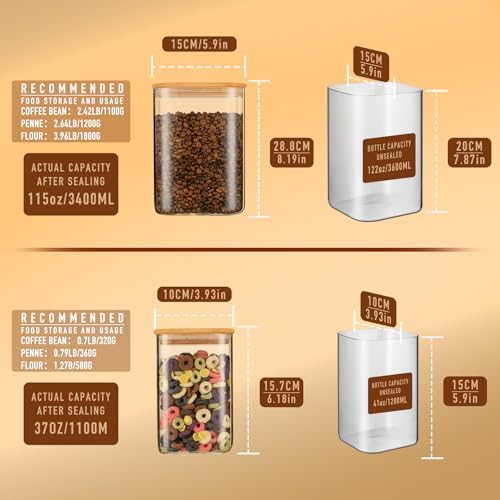 D2scrma 122oz 41oz Airtight Glass Square Storage Canister with Bamboo Lid Set of 2(3600ml*1 1200ml*1) Large Storage Container Gallon Glass Jars, for Sugar, Flour, and Coffee bean (with Black Lable) - Image 2
