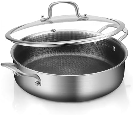 Tri-Ply Stainless Steel 7 Quarts Saute Pan, 12 Inch Nonstick Skillet with lids, Fast even Heat cookware, Hybird Large Frying Pan, 18/10 Chef's Cooking Pan, Induction Pan, Dishwasher and Oven Safe by YEKSUM