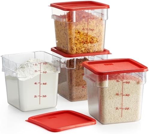 CURTA 4 Pack Food Storage Container with Red Lid - NSF Listed Commercial Grade in 8.0 Qt - Square, Clear, Polycarbonate by CURTA