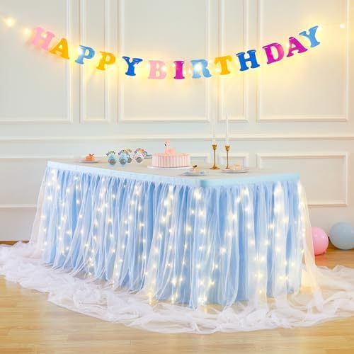 PARTISKY Blue Tulle Tutu Table Skirt for Rectangle Tables or Round Tables,Led Light String Table Cloth for Boys Girls Baby Shower Baby Shark Themed Party Dessert/Cake Tables by Partisky