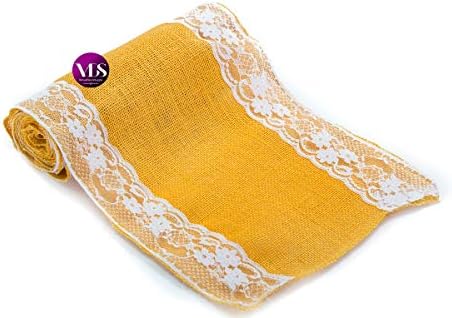 VDS Pack of 12, Burlap Table Runner with White Lace Edge, 100% Natural Jute Rustic Hessian Table Cloth Centerpiece for Wedding Birthday Party Banquet Table Decoration (Size 12X108 Inch)(Gold) - Image 3