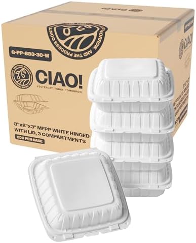 CIAO! 8"x8"x3" MFPP White Hinged Container With Lid 3 Compartment (Case of 200) by Ciao