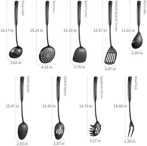 Izurok Kitchen Utensil Set, 9-Piece Cooking Utensil Set,Include 304 Stainless Steel Spatula Skimmer, Soup Ladle, Spaghetti Server,Slotted & Solid Spoon, Slotted Spatula Turner, Meat Fork(Black） - Image 3