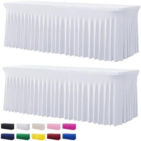2 Pack White Spandex Tablecloths for 8 Foot Rectangle Tables, Wrinkle Free Stretchy Table Cloth 8ft Fitted Table Cover Desk Skirt for Parties Weddings Birthday Banquet Baby Shower by Htper