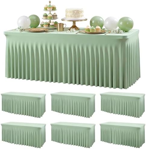 Wish Care 6 Pack Sage Green Spandex Table Clothes for 8 Foot Rectangle Tables, 8FT Wrinkle Free Fitted Tablecloths Ruffles Design Table Cloth for Party, Banquet, Wedding and Events by WishCare