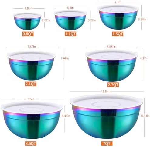 Rainbow Mixing Bowls with Lids Set of 7, Stainless Steel Nesting Bowl with Khaki Lid for Non-slip Mixing Prepping Storing Serving, 7 Sizes-7/3.6/2.7/2.1/1.5/1/0.8 QT - Image 2