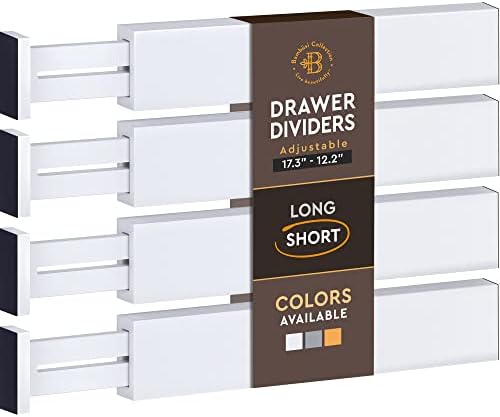 4-Pack Bamboo Drawer Dividers - 12.2 to 17.3 Inches Deep, 2.6 Inches High, Adjustable Expandable Drawer Organizer Dresser Separator for Clothes, Utensils, Kitchen, Bathroom, Office Storage, White by Bamb%C3%BCsi