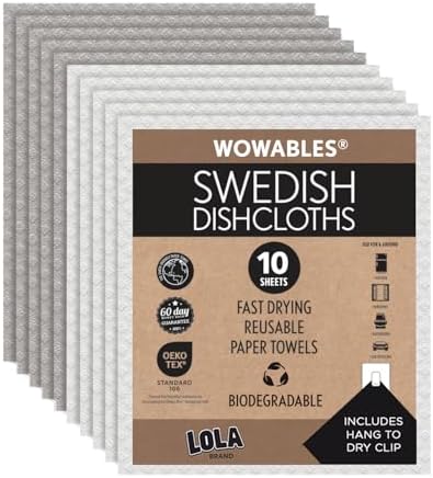 LOLA Swedish Dishcloths for Kitchen 10 Sheets, Biodegradable & Compostable Reusable Paper Towel Cleaning Cloths No Odor Washing Dishes Ultra Absorbent Cellulose Sponge Towel Made in Germany by LolaProducts