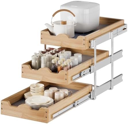 DINDON 3 Tier Pull Out Cabinet Organizer 11” W X21” D Slide Out Wood Drawer With Shelf Liner For Kitchen Pantry Organization by DINDON