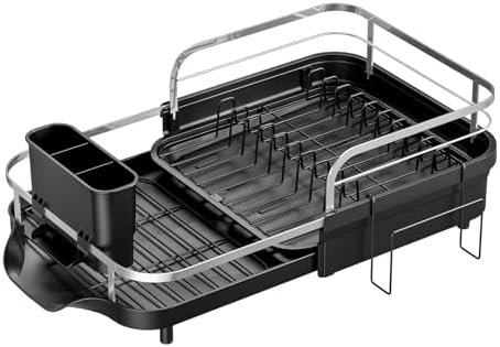 Expandable Stainless Steel Single Tier Dish Drying Rack, Auto Drain Dish Drainer for Kitchen Counter with Rotatable Multi-Slot, Drainboard, Utensil & Cutting Board Holder, 15"-22.4" Adjustable Length - Image 2