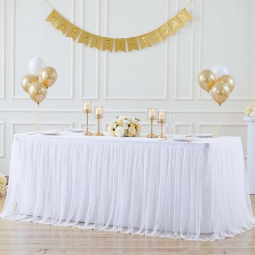 White Tulle Tablecloth for 6 Foot Rectangular Tables 72 x 30 Inch White Table Cloth Rectangle 6ft Wrinkle Free Table Cover with Tutu Skirt for Wedding Birthday Party Buffet Banquet Tablecloths - Image 2