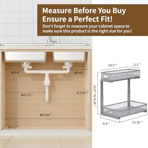 Under Sink Organizer 2 Pack, 2-Tier Slide Out Cabinet Organizer with Metal Sliding Drawer and Hooks, Pull Out Storage Baskets for Kitchen Bathroom Pantry Cabinet Organization (grey) - Image 2