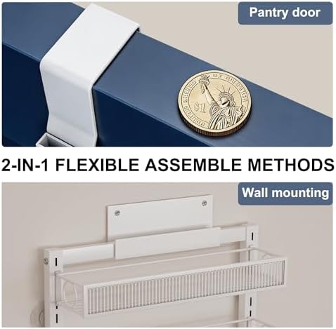 Over the Door Pantry Organizer 9 Tiers Hanging Door or Wall Mounted Spice Rack with Adjustable Acrylic Basket,Heavy Duty Metal Seasoning Storage Shelf for Kitchen Pantry and Bathroom White - Image 5