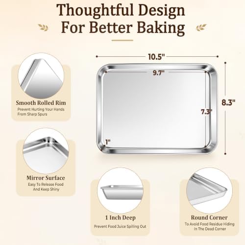 Stainless Steel Baking Sheet, 10.4" x 8" Cookie Sheet Pan, 1-Pack | Small Toaster Oven Tray for Baking, Healthy & Non-Toxic, Easy Clean & Dishwasher Safe - Image 3