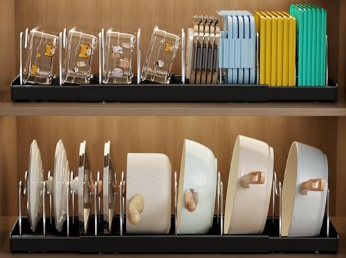 Mustorn 2 Pack Pots and Pans Organizer under Cabinet, 22" Expandable Food Storage Container Lid Organizer with 9 Adjustable Stainless Steel Dividers, ABS Base, Countertop Rack, Black by MUSTORN