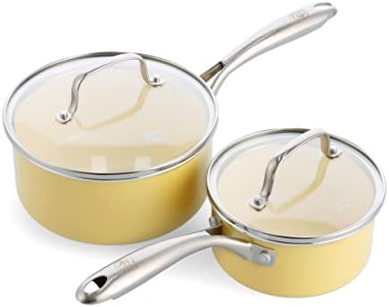 GreenLife Artisan Healthy Ceramic Nonstick, 1QT and 2QT Saucepan Pot Set with Lids, Stainless Steel Handle, Induction, PFAS-Free, Dishwasher Safe, Oven Safe, Yellow by GreenLife