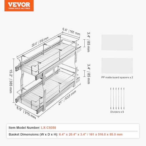 VEVOR Pull Out Cabinet Organizer,8.5" W x 21" D x15.2 HHeavy Duty Slide Out Pantry Shelves, Chrome-Plated Steel Roll Out Drawers for Home, 10" Wx22 Dx19 H Inside Kitchen Cabinet, Bathroom, Under Sink - Image 7