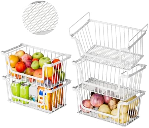 5 Pack Enhanced Leak-Proof Bottom Stackable Wire Baskets, Pantry Organizers and Storage, pantry storage，Shelf Baskets, Fruit Basket, Potato and Onion Storage Bins，(White) by ANJUBAN