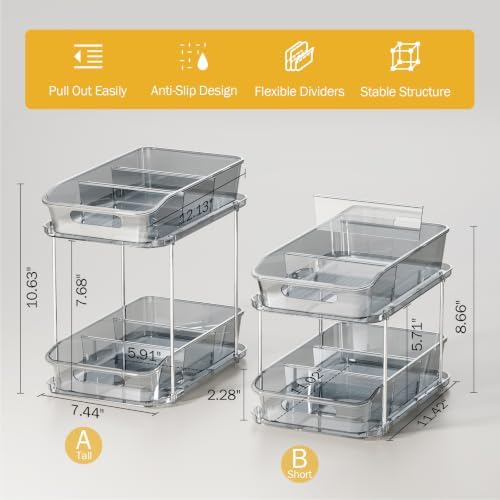 Delamu 2-Tier Under Sink Organizers and Storage, Multi-Purpose Stackable Bathroom Cabinet organizers, Pull Out Kitchen Pantry Organization and Storage with Dividers(2 Pack, Grey) - Image 5