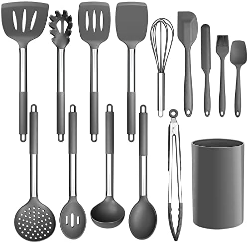 LIANYU 15-Piece Cooking Kitchen Utensils Set with Holder | Silicone Kitchen Tools Stainless Steel Handle, Slotted Spatula Spoon Turner Tong Whisk Brush for Cooking, Gray by LIANYU