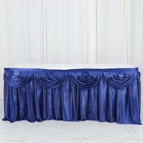 Efavormart Navy Blue Satin Double Drape Table Skirt for Kitchen Dining Catering Wedding Birthday Party Decorations Events 14ft by efavormart