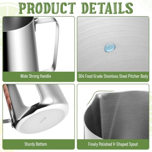 2 Pcs Stainless Steel Pitcher with Lid, 67 oz Silver Metal Measuring Cup with Dual Scale Markings, Milk Frothing Jug for Espresso Machines & Latte Art - Image 3