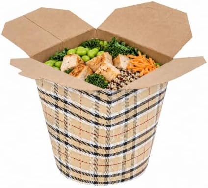 Restaurantware Bio Tek 4 x 3.5 x 4.5 Inch Food Containers, 200 Noodle Takeaway Boxes - Disposable, Sturdy, Plaid Paper 32 Ounce Take Out Boxes, Round, For Hot Or Cold Foods by Restaurantware