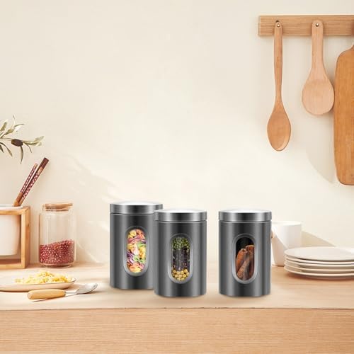 3 Pieces Canisters Sets for the Kitchen, Stainless Steel Food Container Organizer with Transparent Window, Kitchen Counter Storage Jars for Coffee Tea Nuts Flour Sugar (Grey) - Image 5