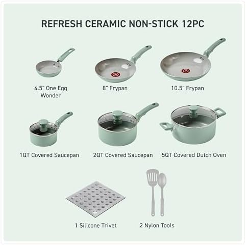 T-Fal Refresh Ceramic Nonstick 12-Piece Set, Pots and Pans, Mint Green - Image 2