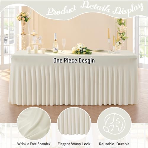 leegleri 4 Pack Ivory Spandex Table Clothes for 6 Foot Rectangle Tables, Wrinkle Free Fitted Table Cover 6ft Stretch Tablecloths with Skirt for Parties Weddings Birthday Banquet Baby Shower - Image 3