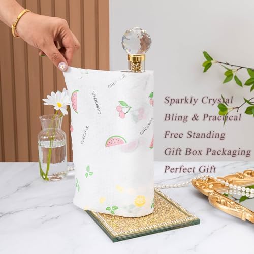 Gold Crystal Standing Paper Towel Roll Holder Countertop Weighted Rack,Glam Cute Bling Rhinestone Jeweled Diamonds Modern Decoration Christmas Housewarming Gifts for Kitchen Home Bar - Image 2