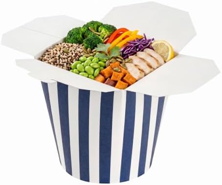 Bio Tek 4 x 3.5 x 4.5 Inch Food Containers, 50 Noodle Takeaway Boxes - Disposable, Striped, Blue And White Paper 32 Ounce Take Out Boxes, Round, For Hot Or Cold Foods - Restaurantware by Restaurantware