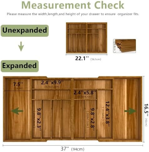 Suli Extra Large Silverware Drawer Organizer,Expandable 22in to 37in,Acacia | 2.6in Deep,13 Slot,Removable Design,Expandable Utensil Tray for Drawer,Big Adjustable Cooking Cutlery Flatware Holder,Brown - Image 2